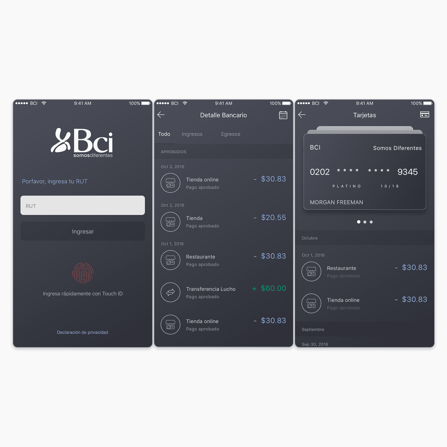 Login, expense and credit-card view for BCI Chile