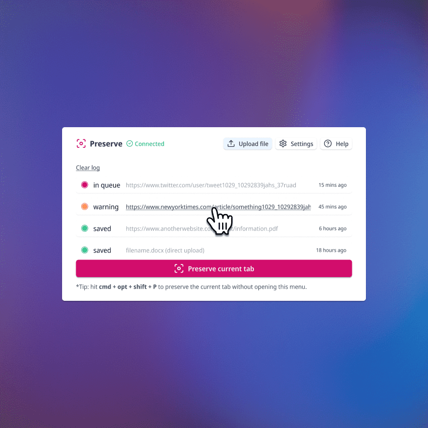 Preserve extension activity log screen with status and preserved links
