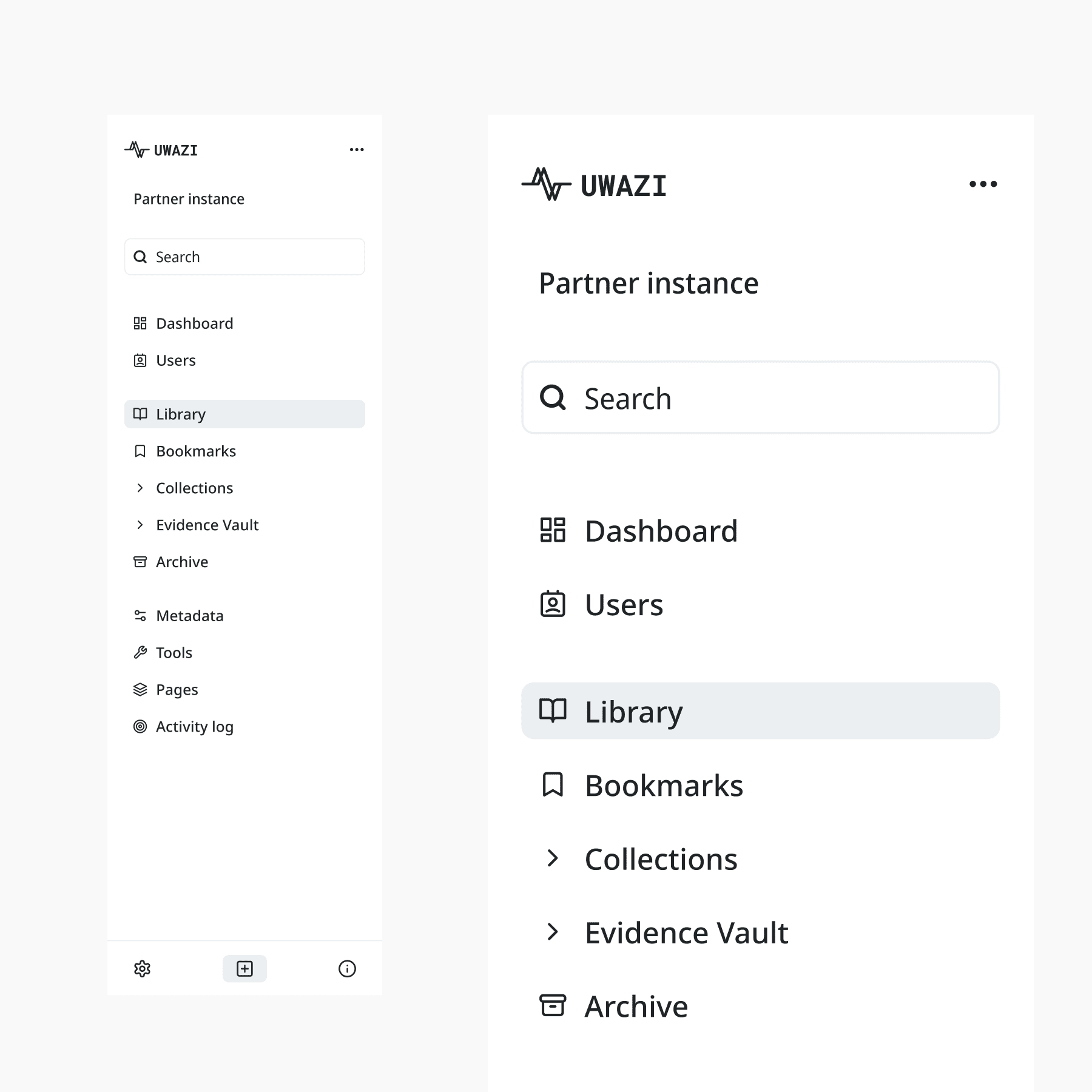 Side navigation concept for Uwazi