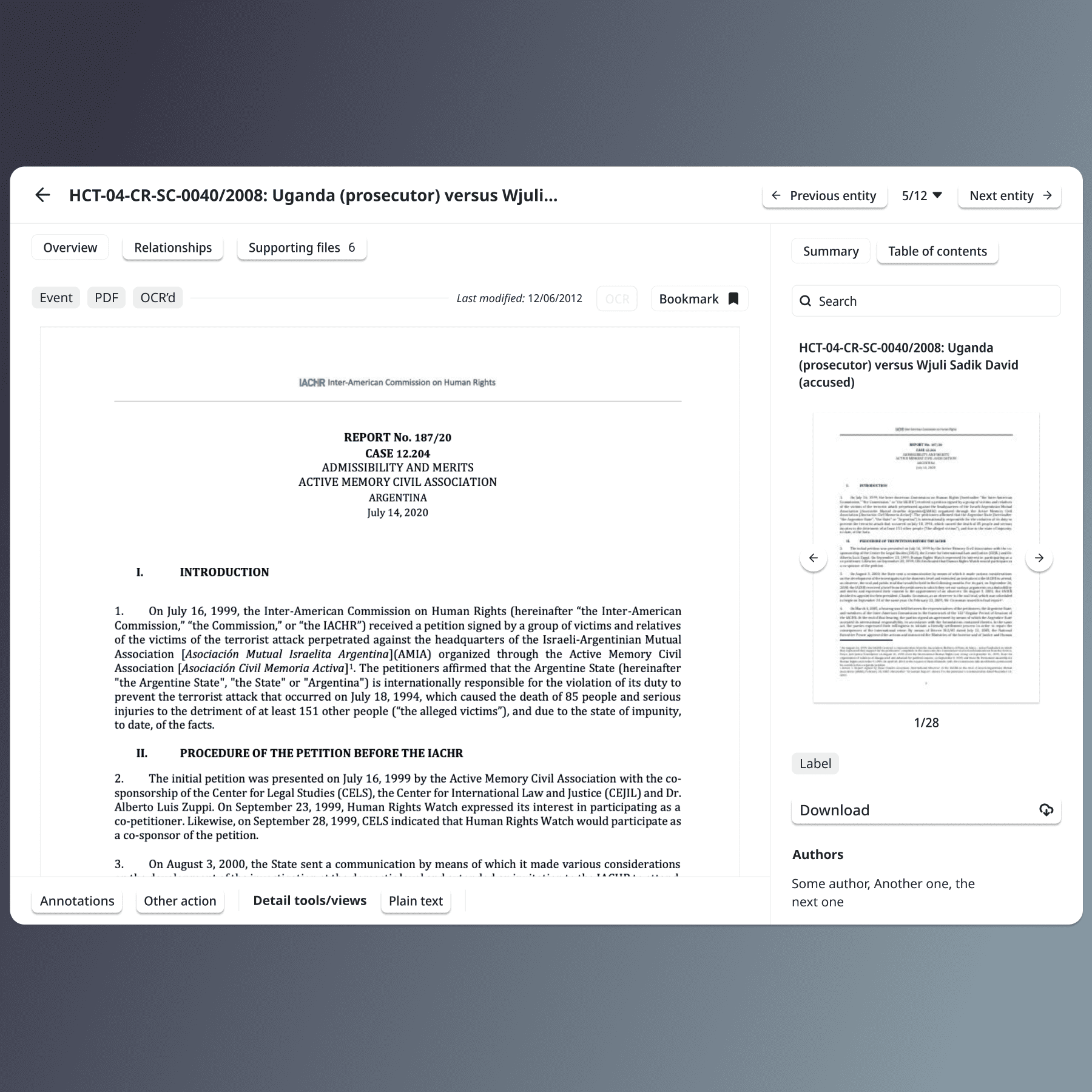 Early Uwazi entity and document view concept