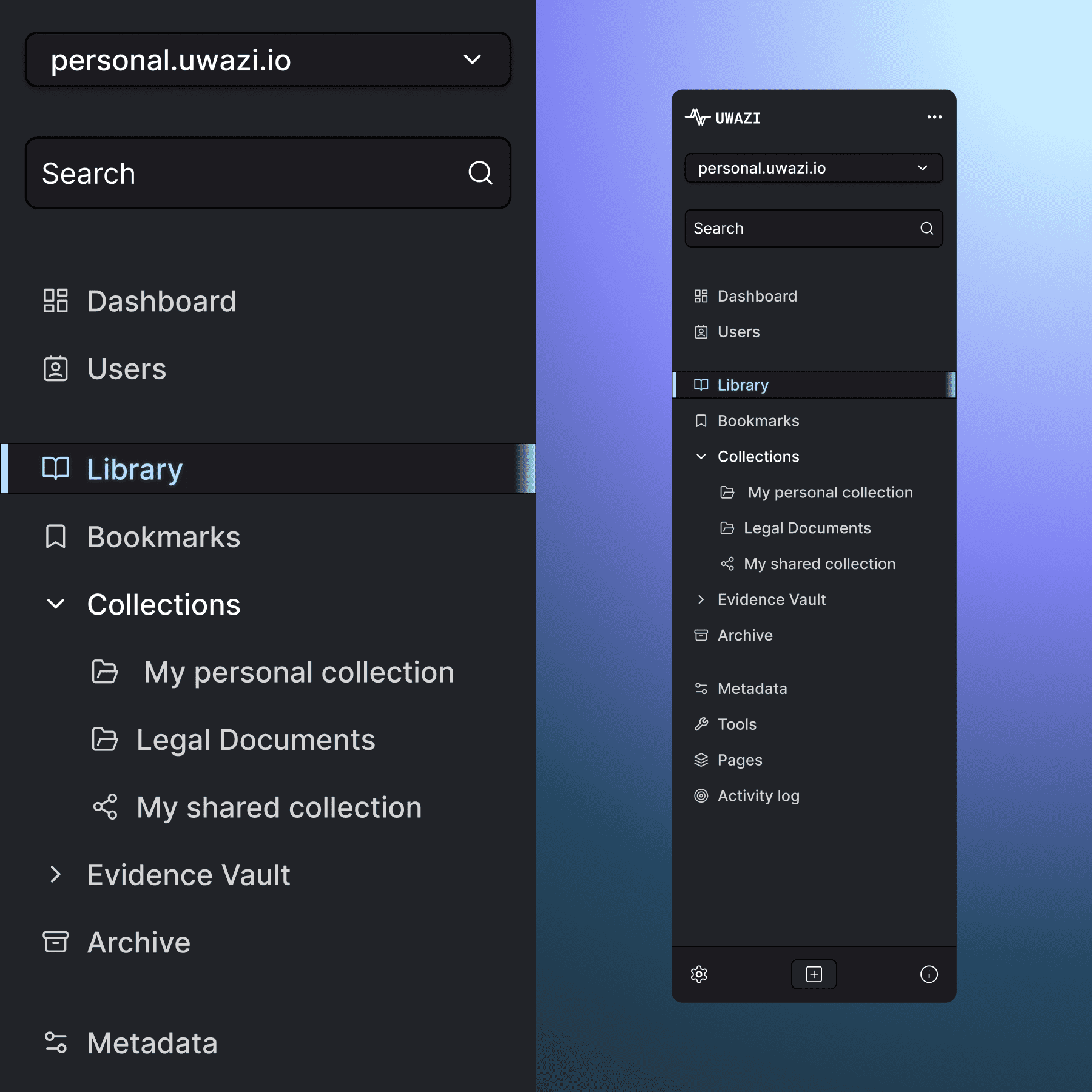 Dark mode concept for side-nav panel in Uwazi