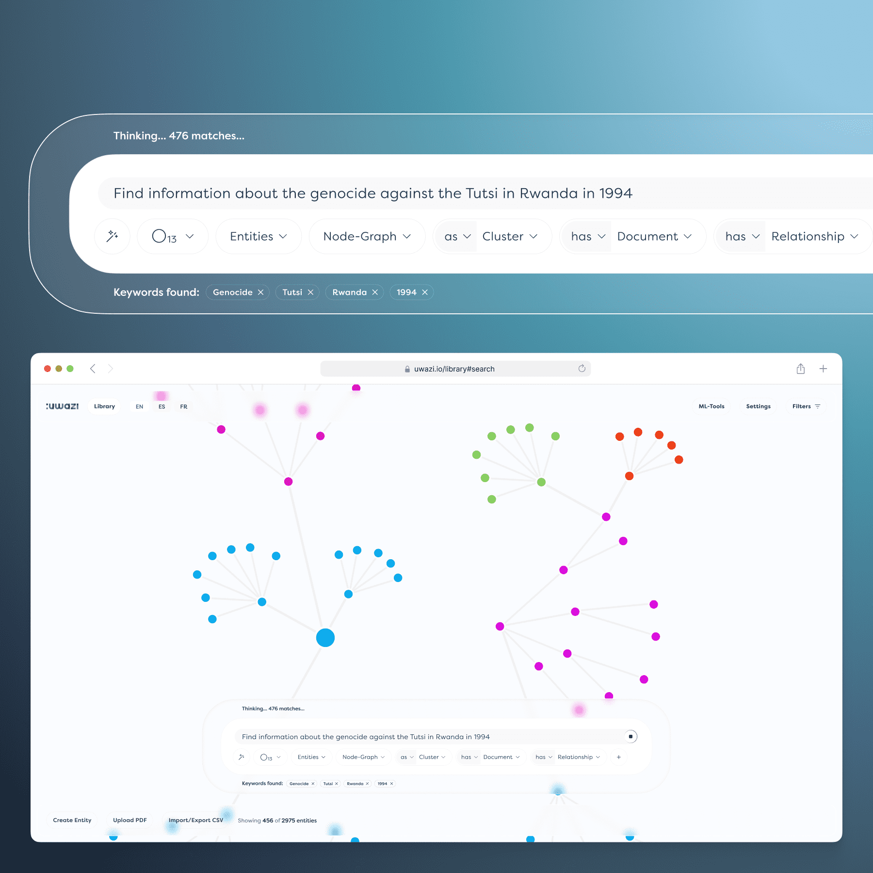 Uwazi V3 concept with conversational UI and chain filtering