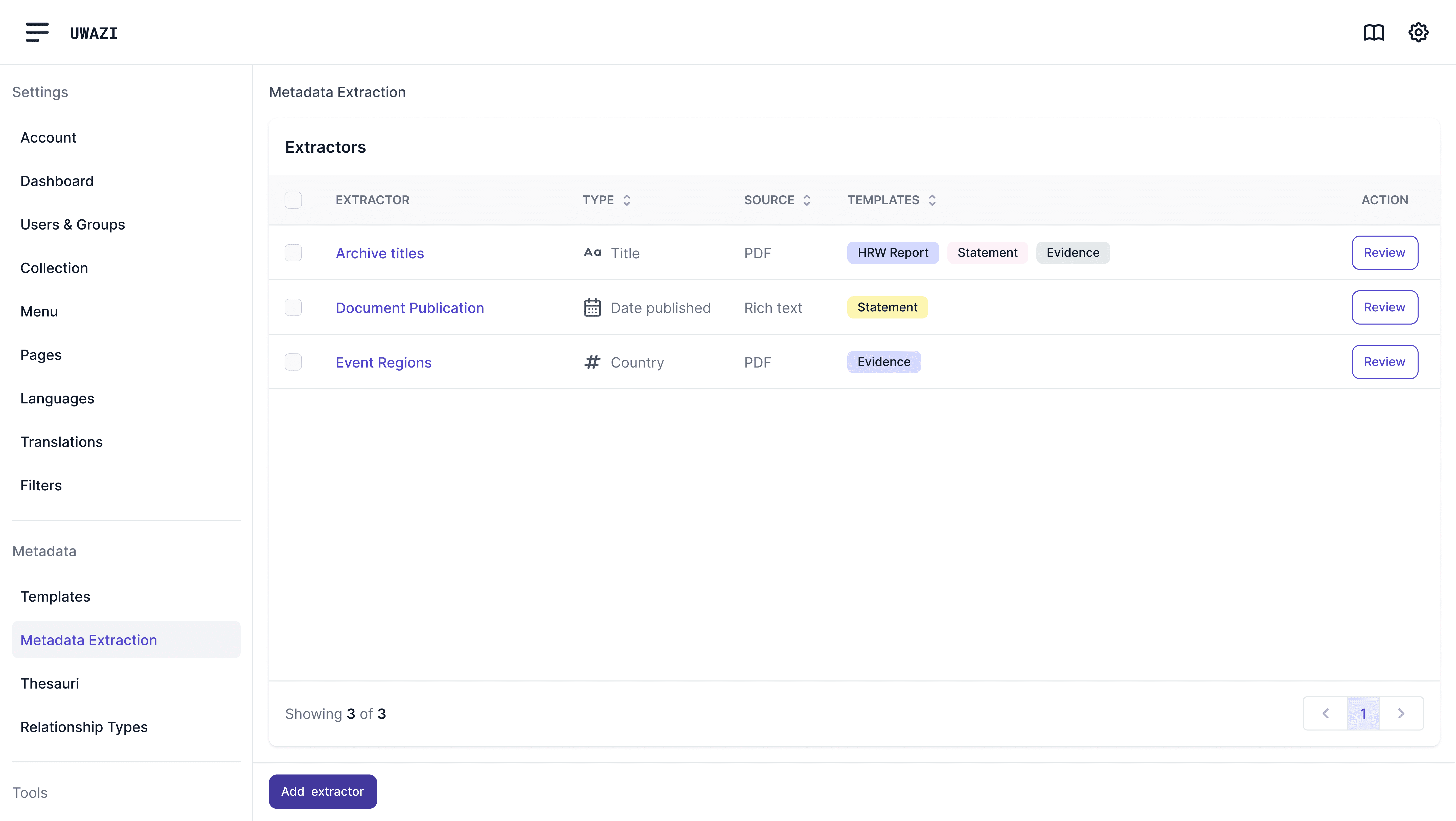 Information extraction dashboard mockup