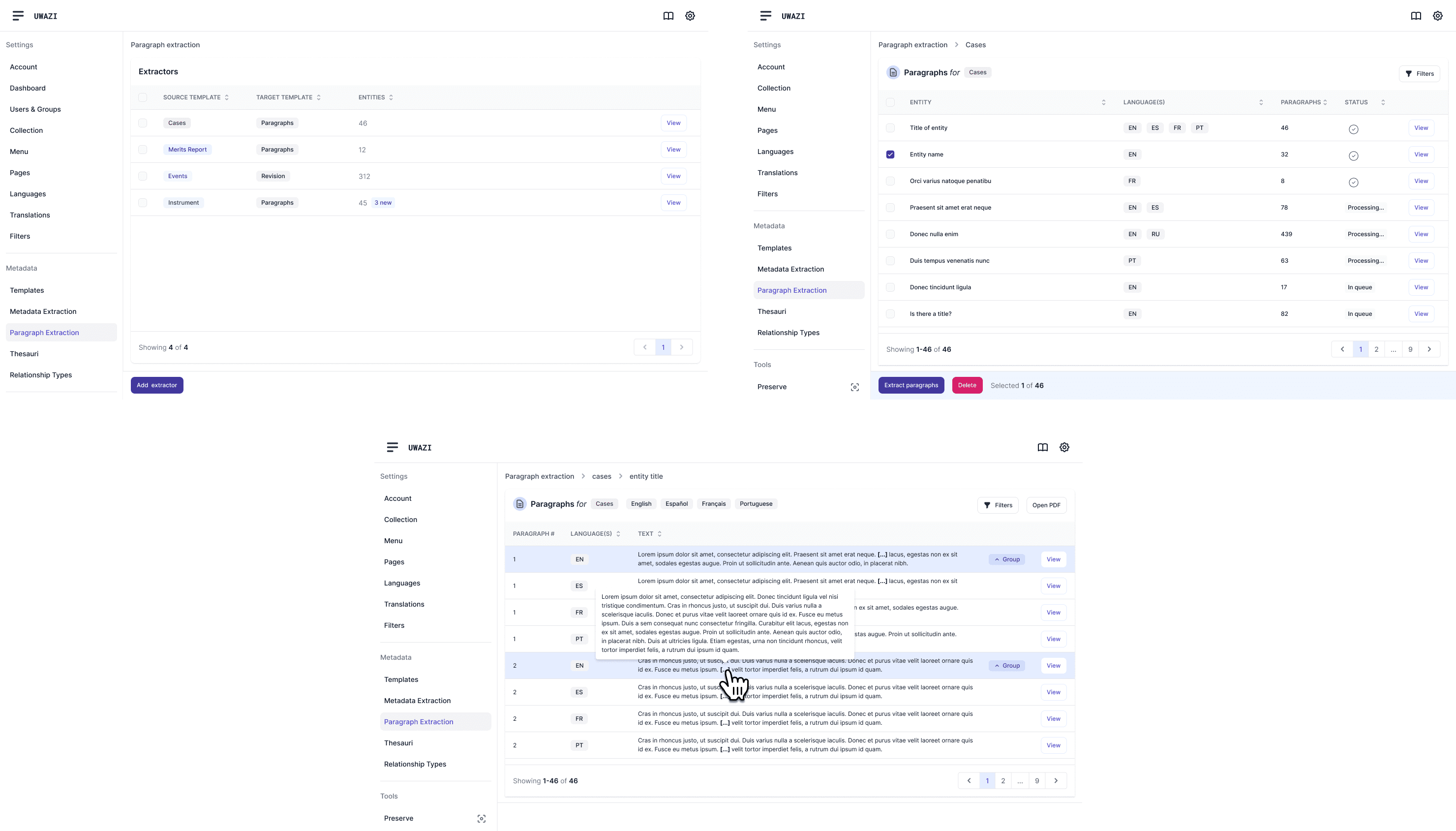 PX dashboard, entity and document extraction interface