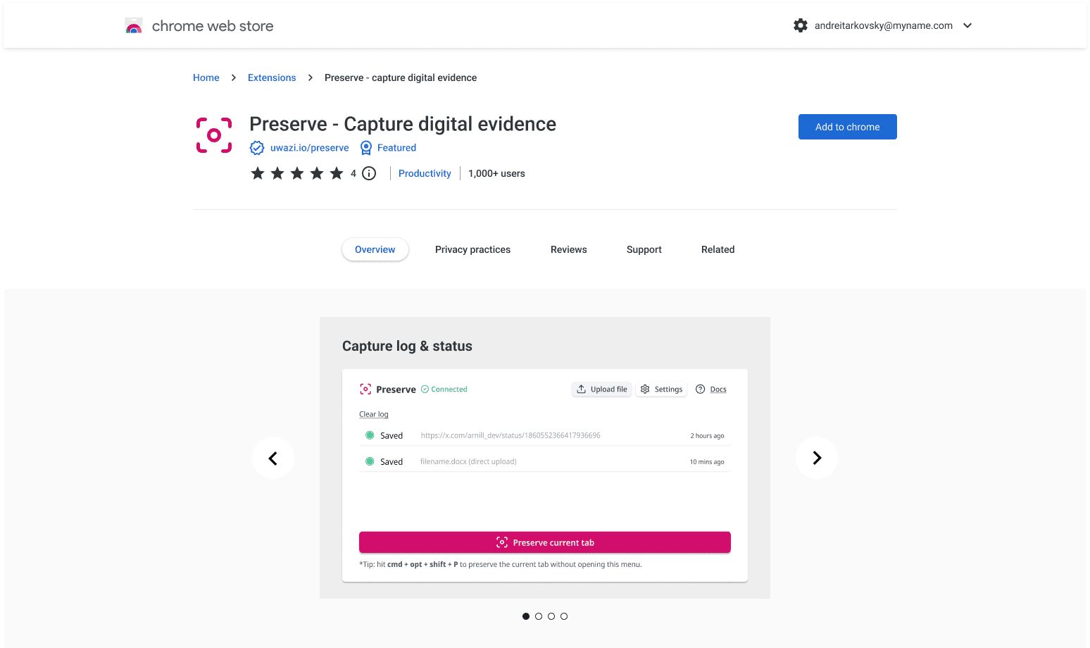 Chrome Web Store listing for the Preserve extension