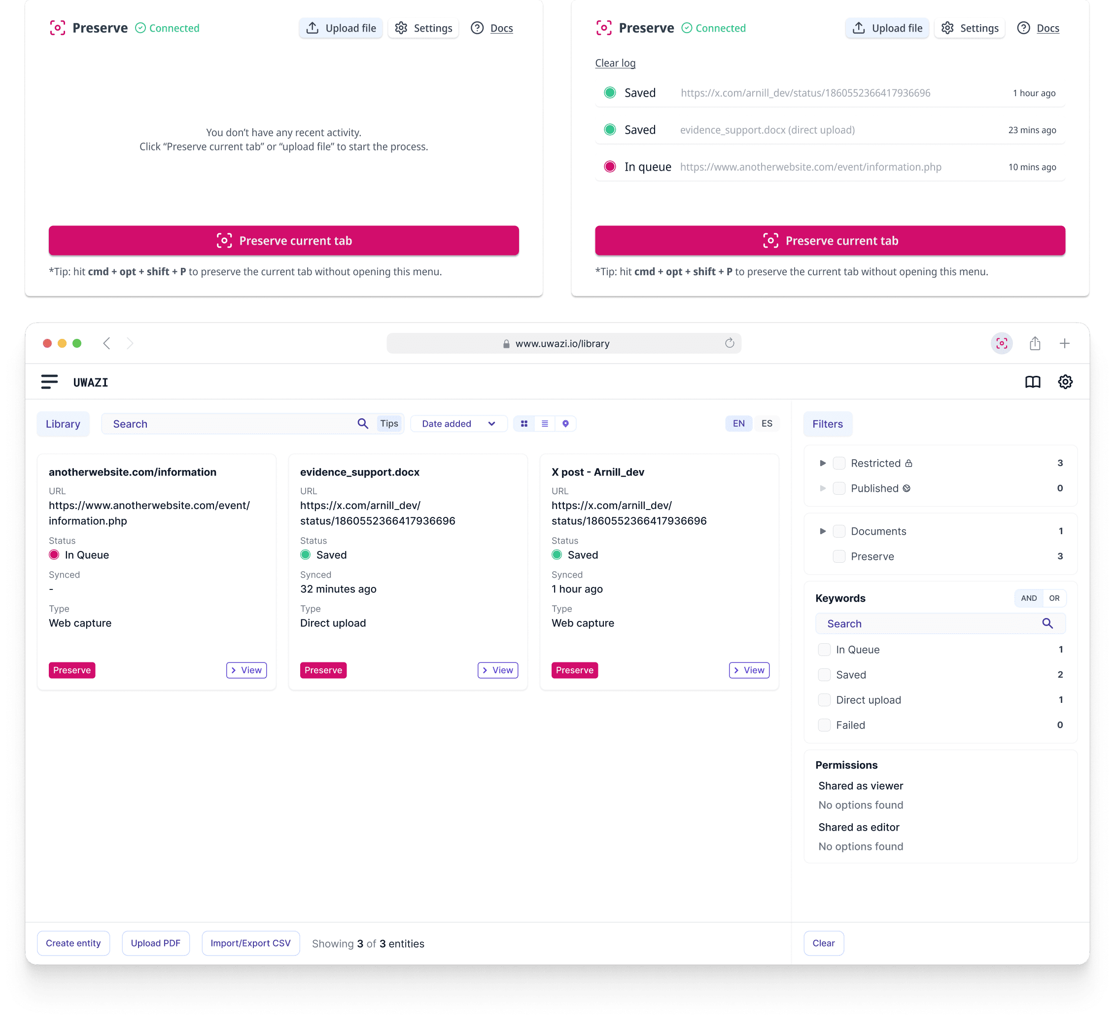 Integration with Uwazi, showing how the extension captures evidence and syncs with the platform