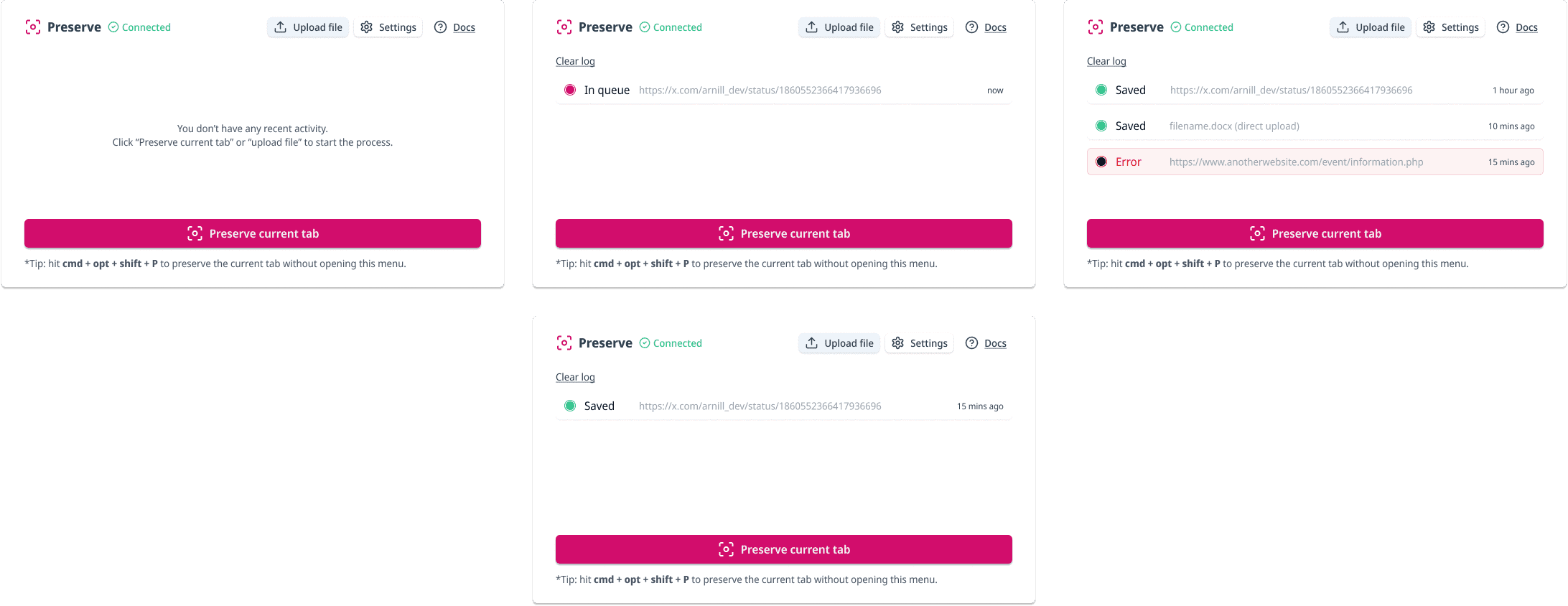 Capture status indicators showing success or failure within the extension