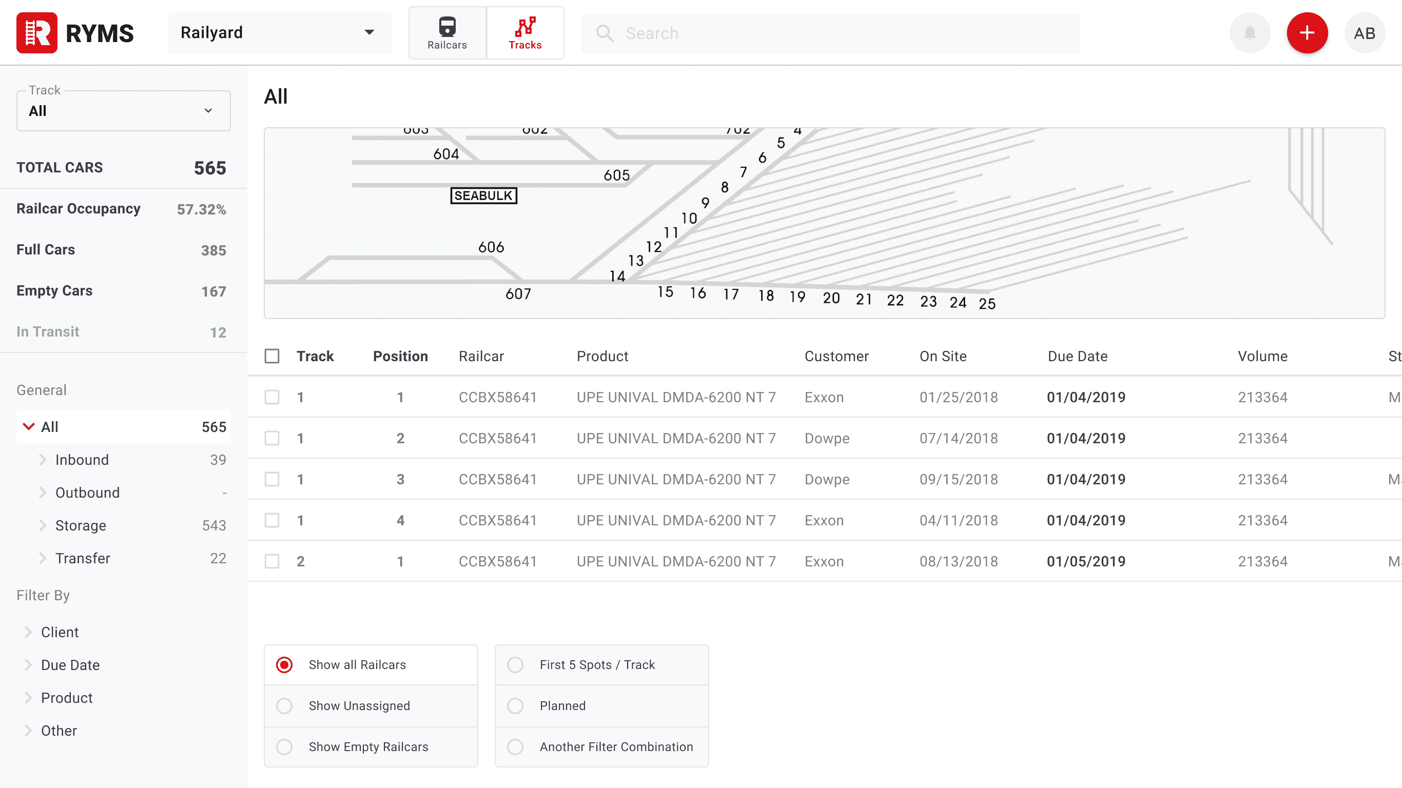 Railyard interface showing railcars locations and status across the yard