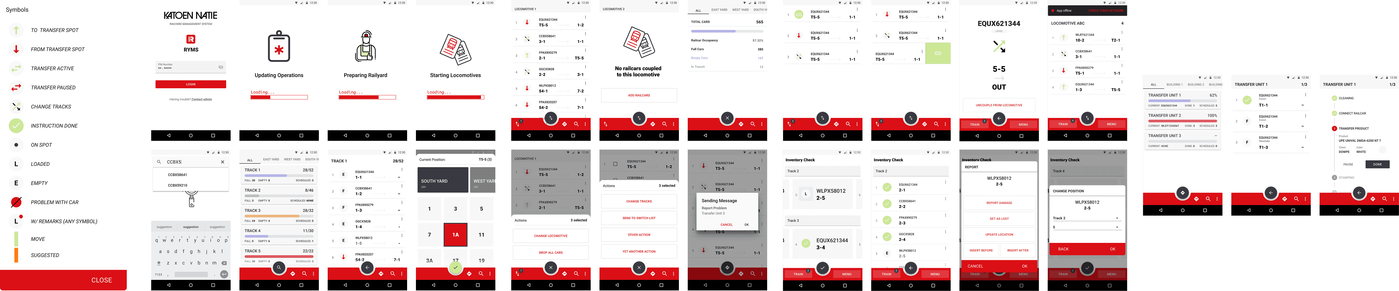 Management interface of the mobile app showing tracks, railcar, product and silo information