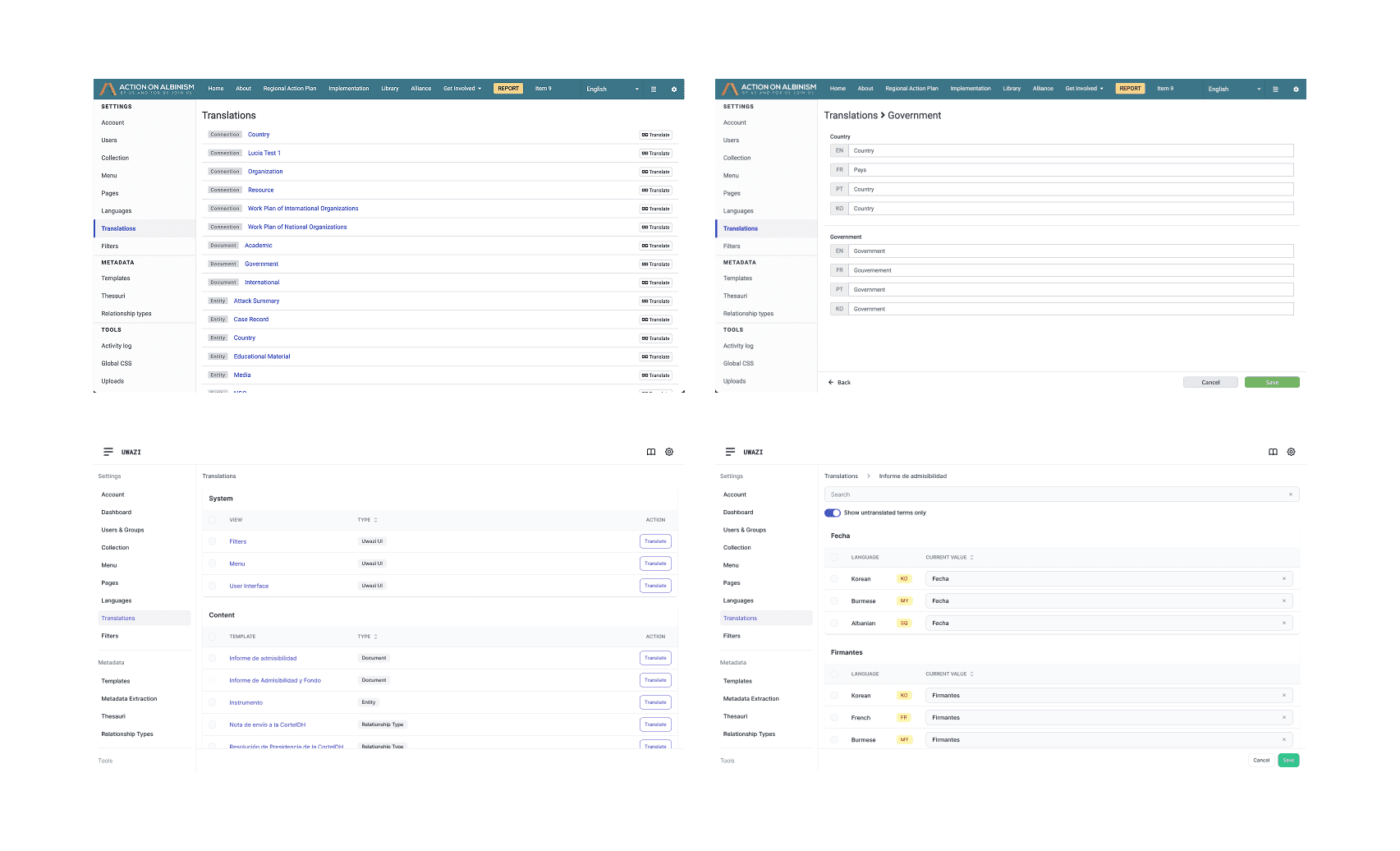 Top-down comparison of the old implementation and new screens of the translations UI