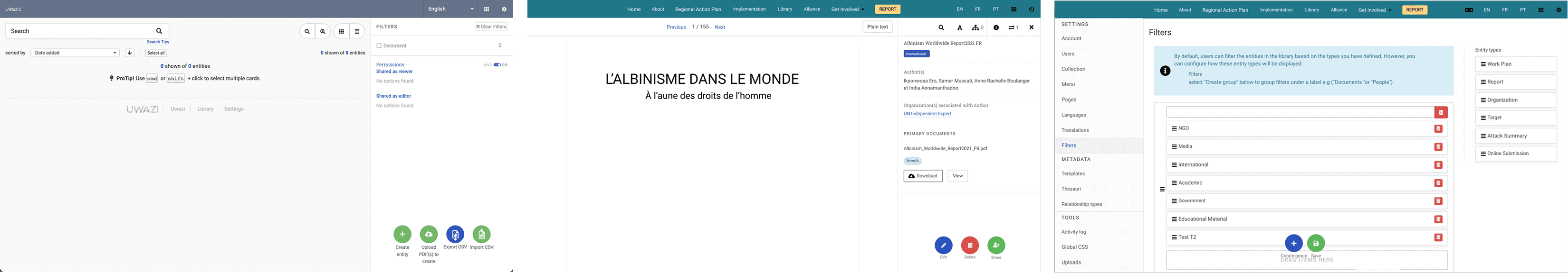 Implementation screens of the old library empty state, PDF UI, and filters UI