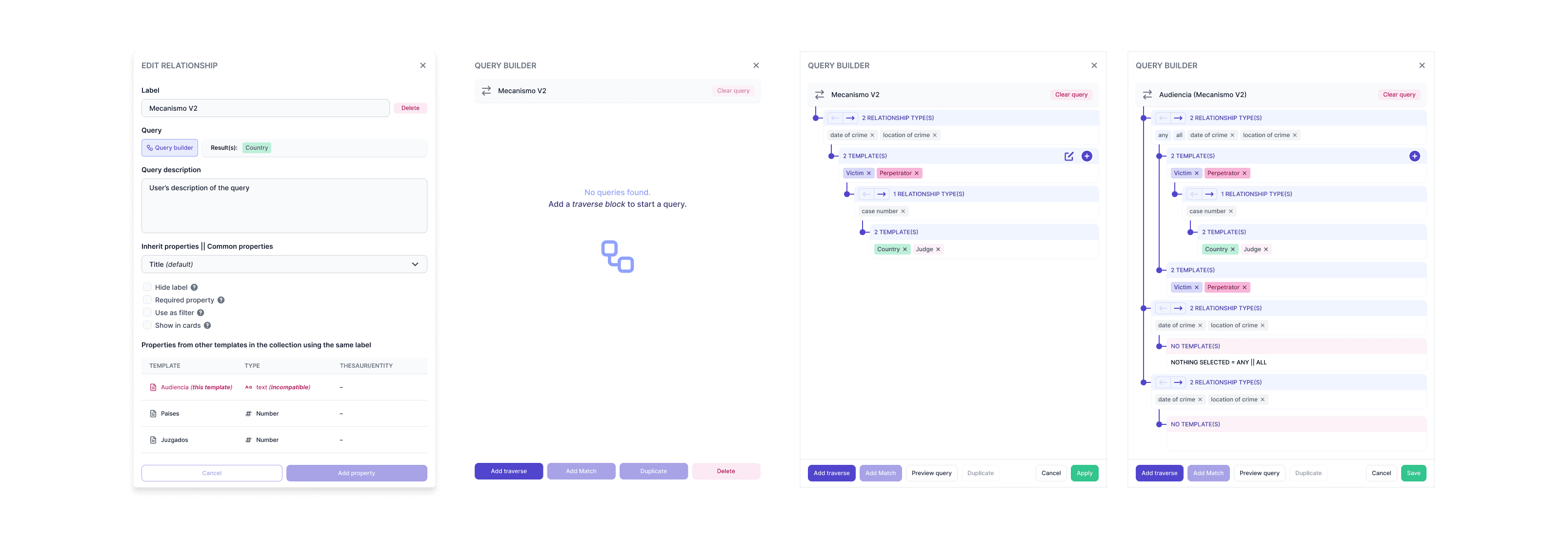 Conceptual mockup of the new relationship v2 property and its query builder UI
